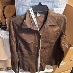 NEW ! Ann Taylor Women Top Dress Stripes Shirt Button Down Brown Size 4